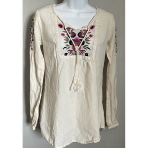 Roper Embroidered Boho Blouse Womens Sz Small Ivory Top Long Sleeves Lightweight